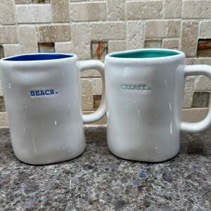 Rae Dunn White Mugs with Blue and Teal Interiors